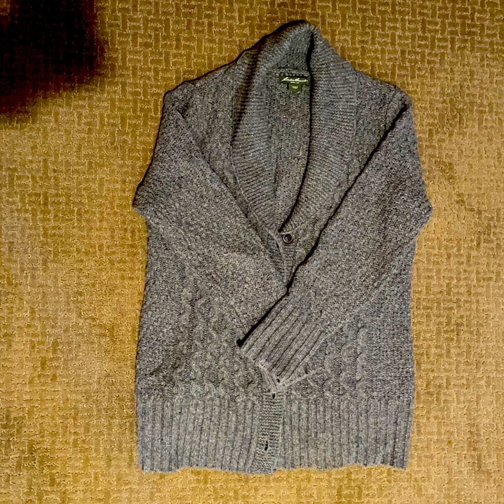 Women’s gray cabled shawl collar cardigan sweater